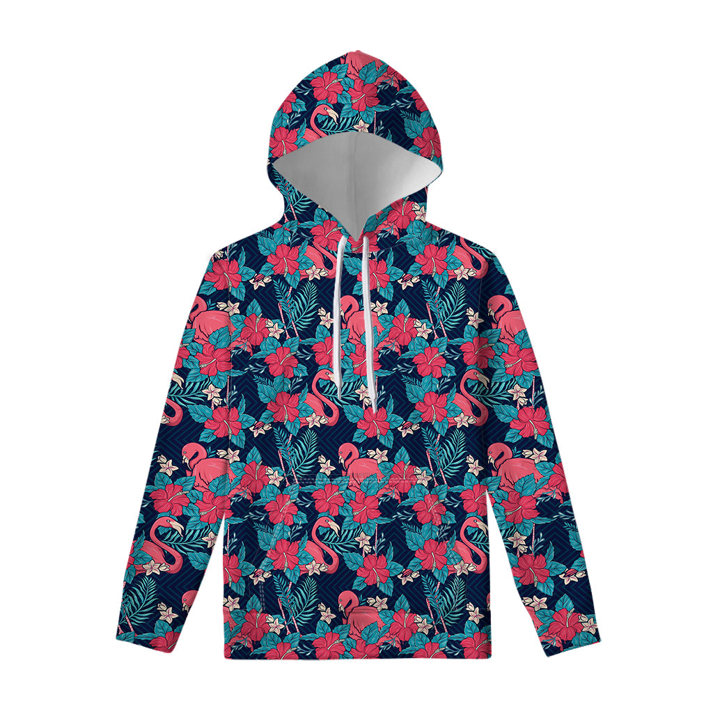 Flamingo And Hawaiian Floral Print Pullover Hoodie