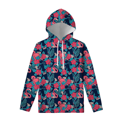 Flamingo And Hawaiian Floral Print Pullover Hoodie