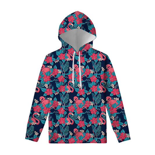 Flamingo And Hawaiian Floral Print Pullover Hoodie