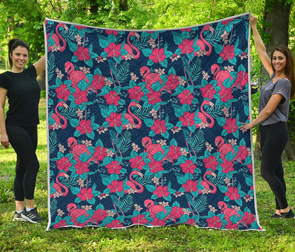 Flamingo And Hawaiian Floral Print Quilt