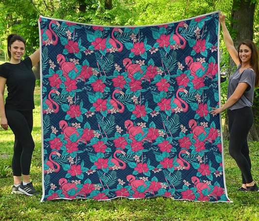 Flamingo And Hawaiian Floral Print Quilt