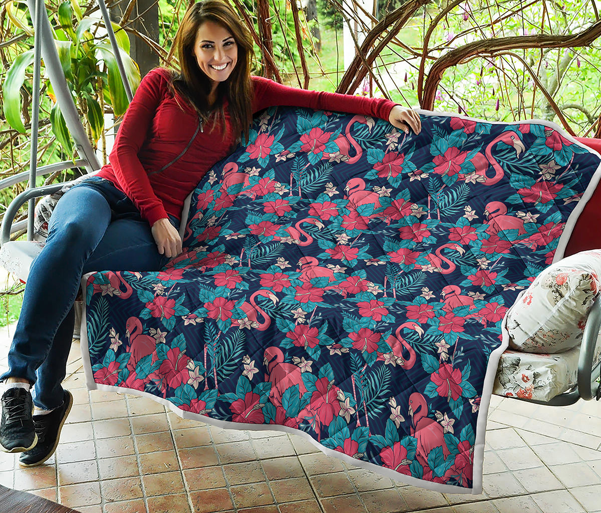 Flamingo And Hawaiian Floral Print Quilt