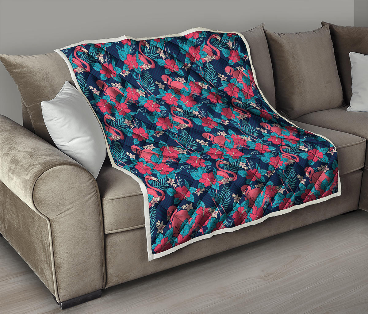 Flamingo And Hawaiian Floral Print Quilt