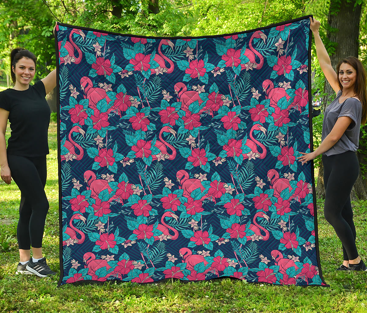 Flamingo And Hawaiian Floral Print Quilt