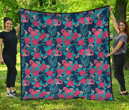 Flamingo And Hawaiian Floral Print Quilt
