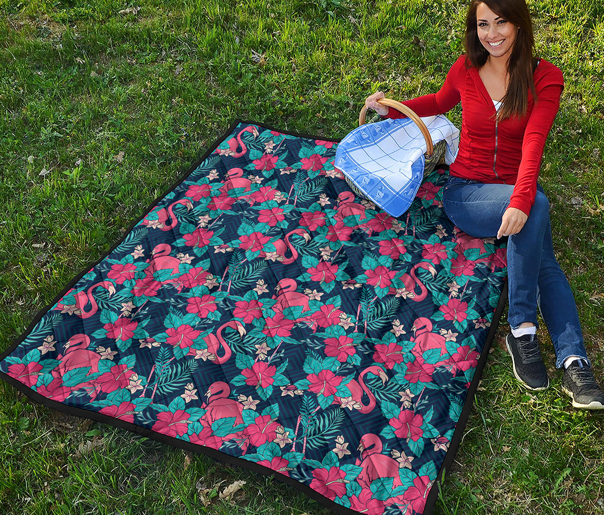 Flamingo And Hawaiian Floral Print Quilt