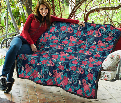 Flamingo And Hawaiian Floral Print Quilt