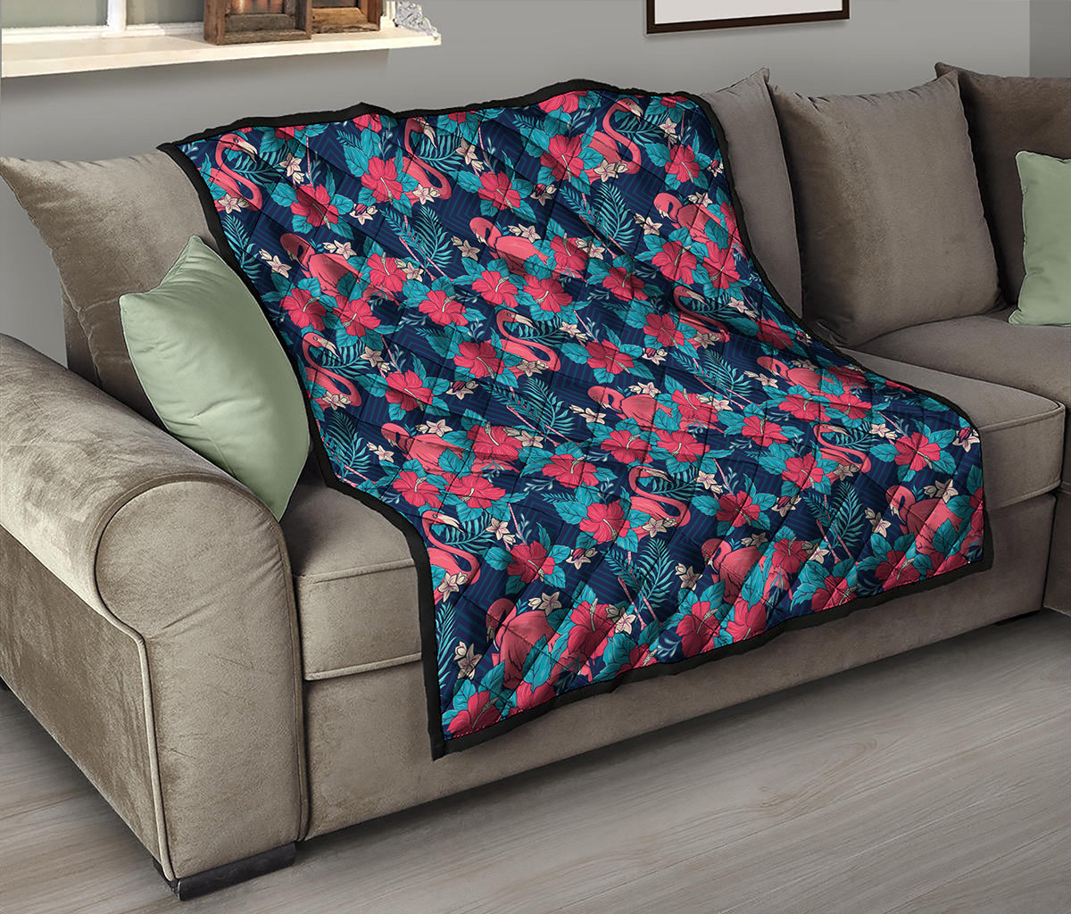 Flamingo And Hawaiian Floral Print Quilt