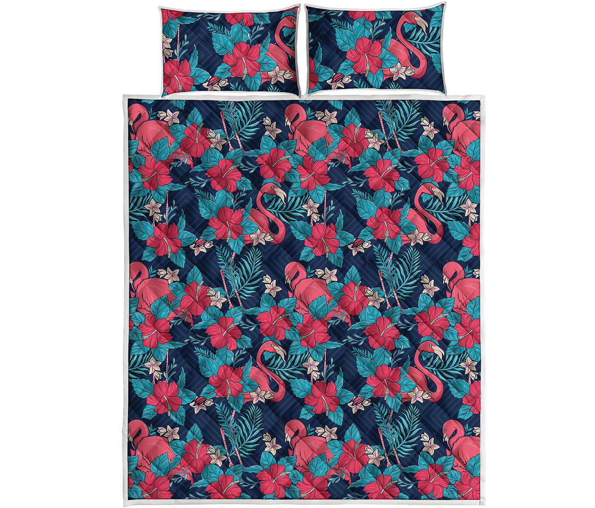 Flamingo And Hawaiian Floral Print Quilt Bed Set
