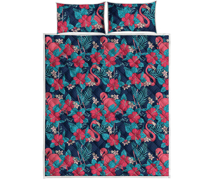 Flamingo And Hawaiian Floral Print Quilt Bed Set