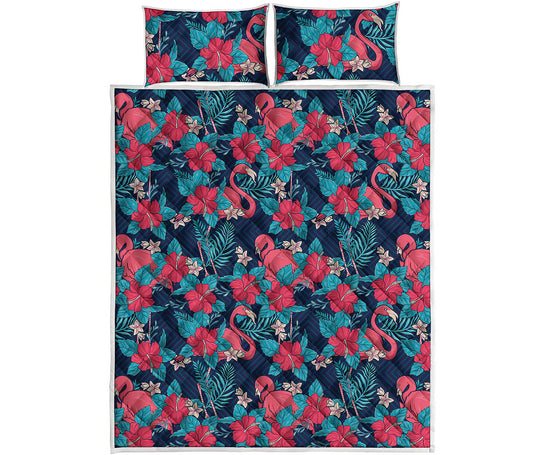 Flamingo And Hawaiian Floral Print Quilt Bed Set
