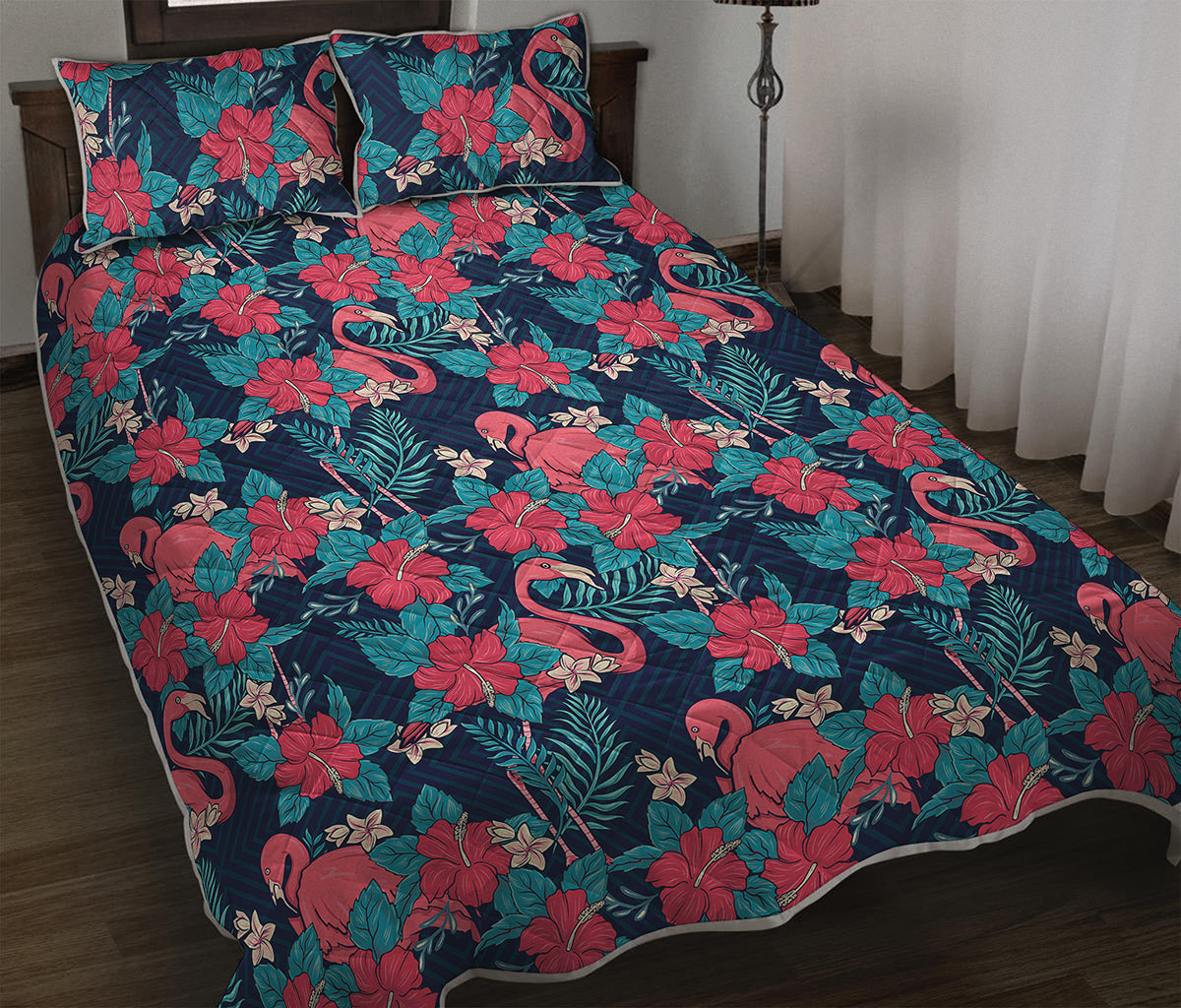 Flamingo And Hawaiian Floral Print Quilt Bed Set