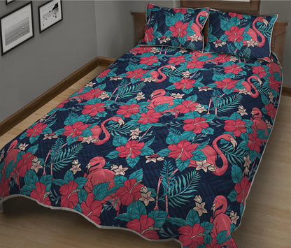 Flamingo And Hawaiian Floral Print Quilt Bed Set