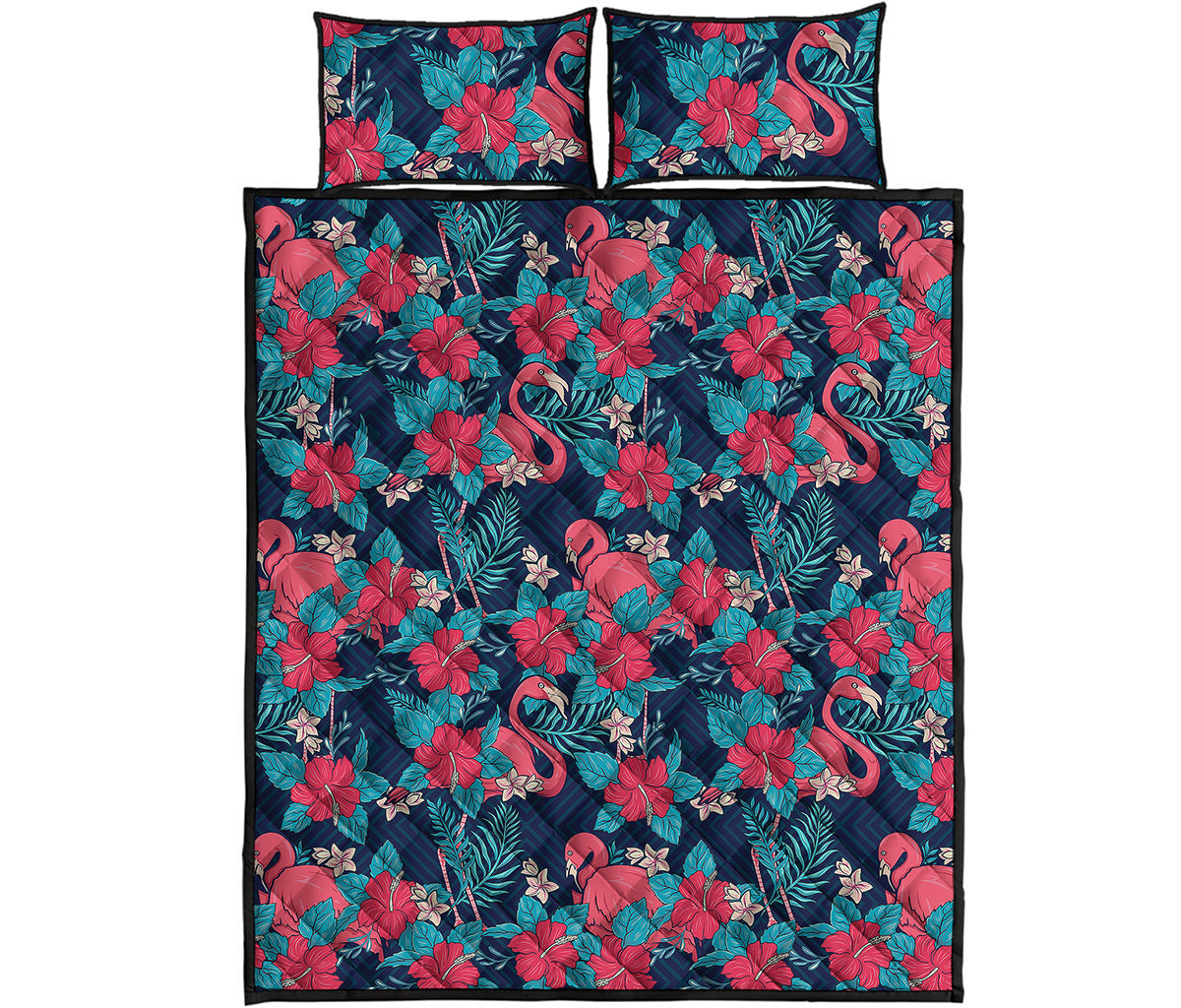 Flamingo And Hawaiian Floral Print Quilt Bed Set
