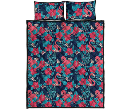 Flamingo And Hawaiian Floral Print Quilt Bed Set