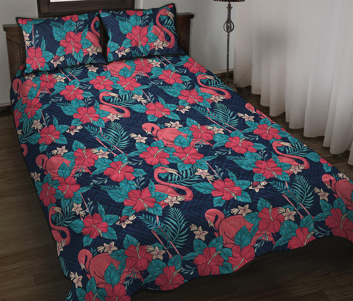 Flamingo And Hawaiian Floral Print Quilt Bed Set
