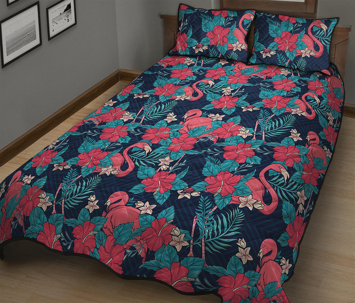Flamingo And Hawaiian Floral Print Quilt Bed Set