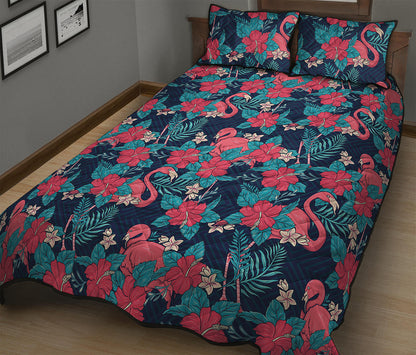 Flamingo And Hawaiian Floral Print Quilt Bed Set