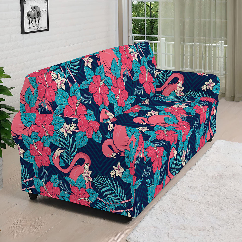 Flamingo And Hawaiian Floral Print Sofa Cover