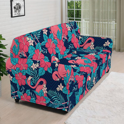 Flamingo And Hawaiian Floral Print Sofa Cover