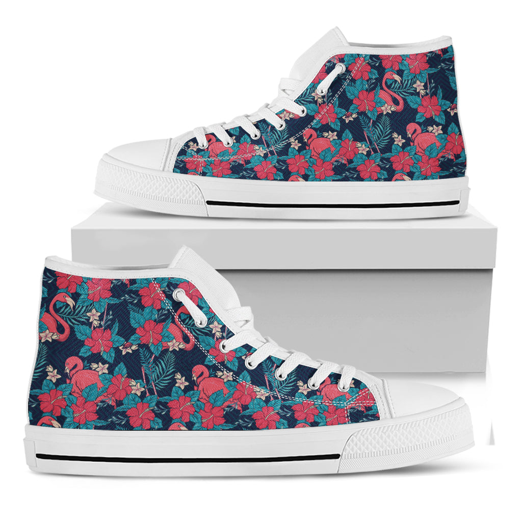 Flamingo And Hawaiian Floral Print White High Top Shoes