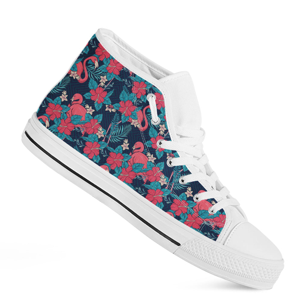 Flamingo And Hawaiian Floral Print White High Top Shoes