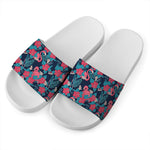Flamingo And Hawaiian Floral Print White Slide Sandals
