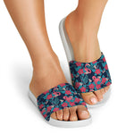 Flamingo And Hawaiian Floral Print White Slide Sandals