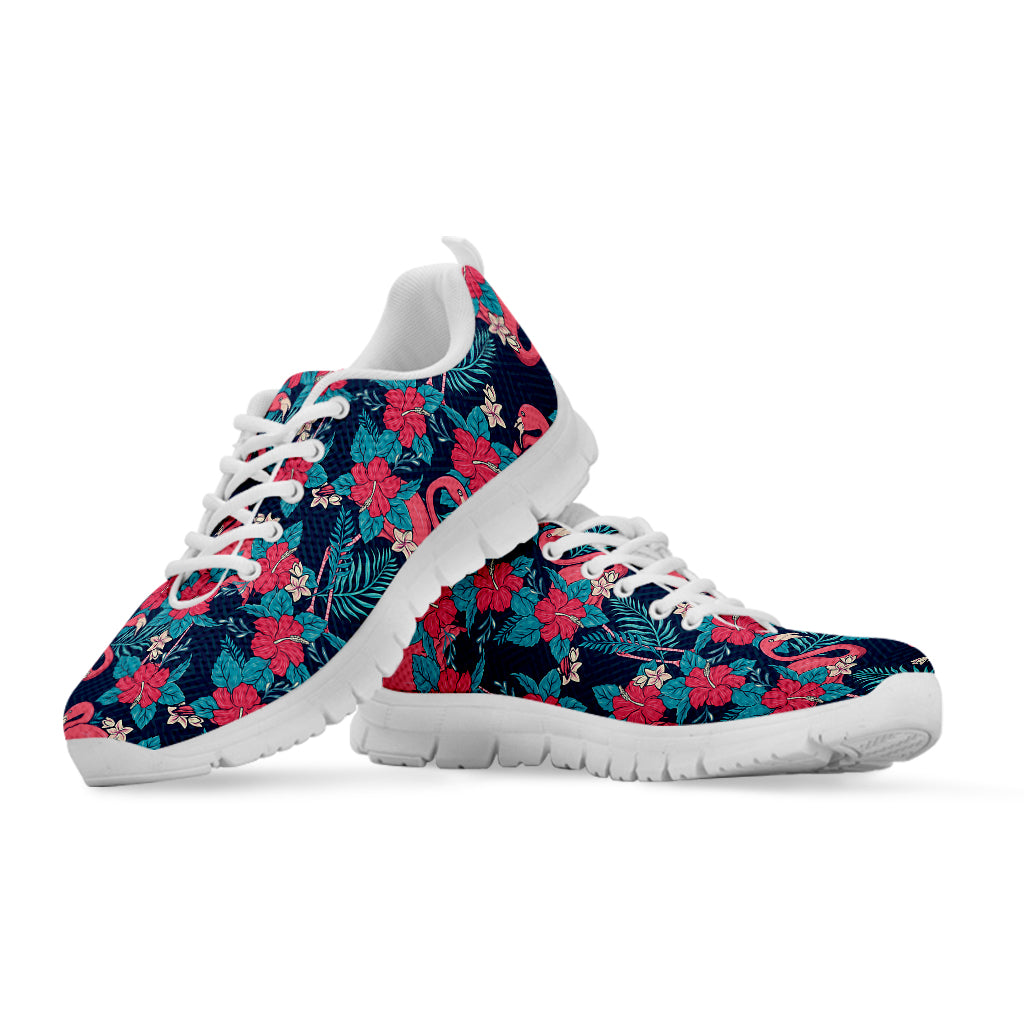 Flamingo And Hawaiian Floral Print White Sneakers