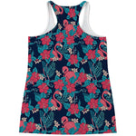 Flamingo And Hawaiian Floral Print Women's Racerback Tank Top