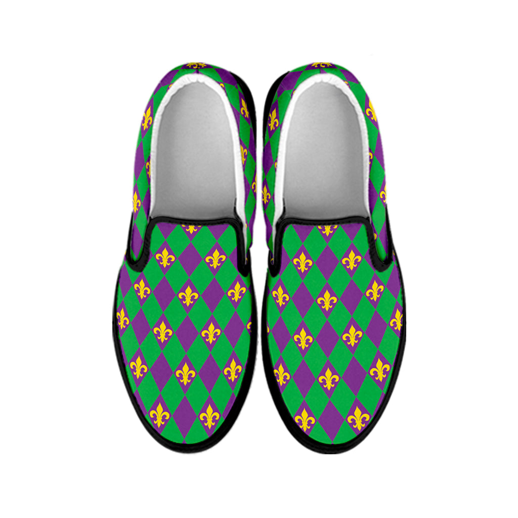 Fleur-De-Lis Mardi Gras Pattern Print Black Slip On Shoes