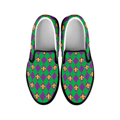 Fleur-De-Lis Mardi Gras Pattern Print Black Slip On Shoes