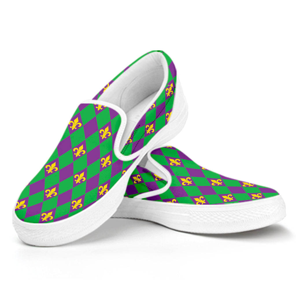 Fleur-De-Lis Mardi Gras Pattern Print White Slip On Shoes