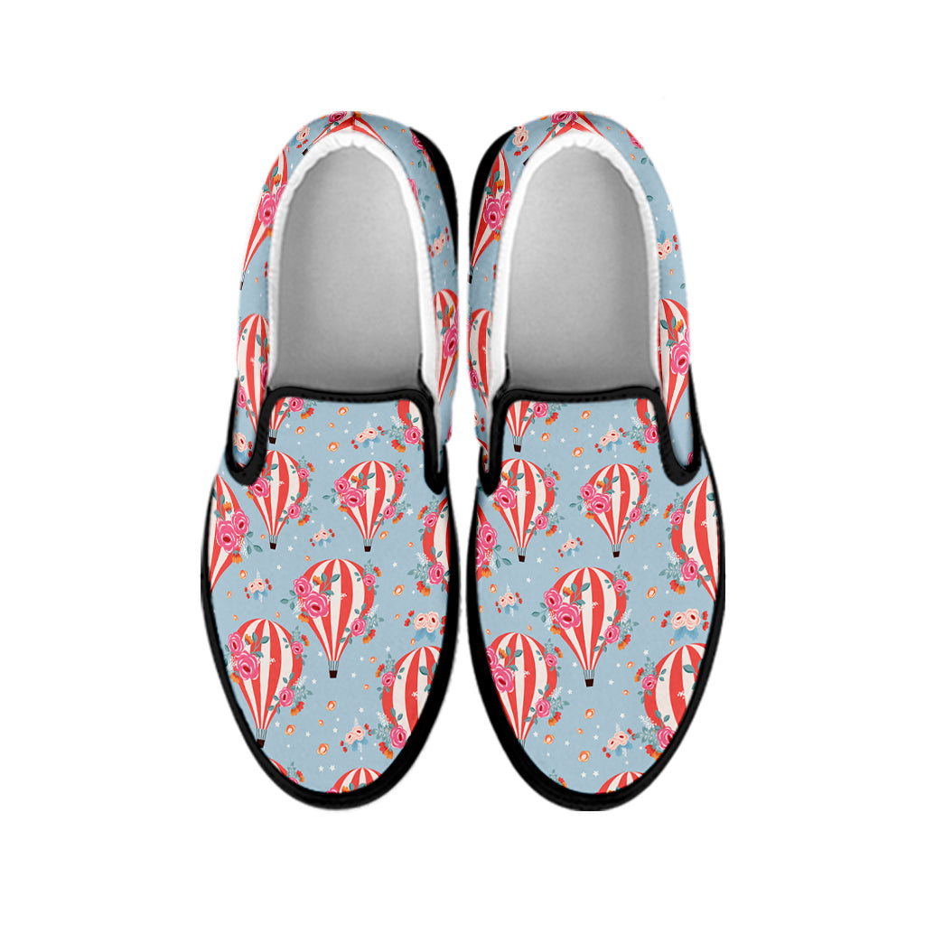 Floral Air Balloon Pattern Print Black Slip On Shoes