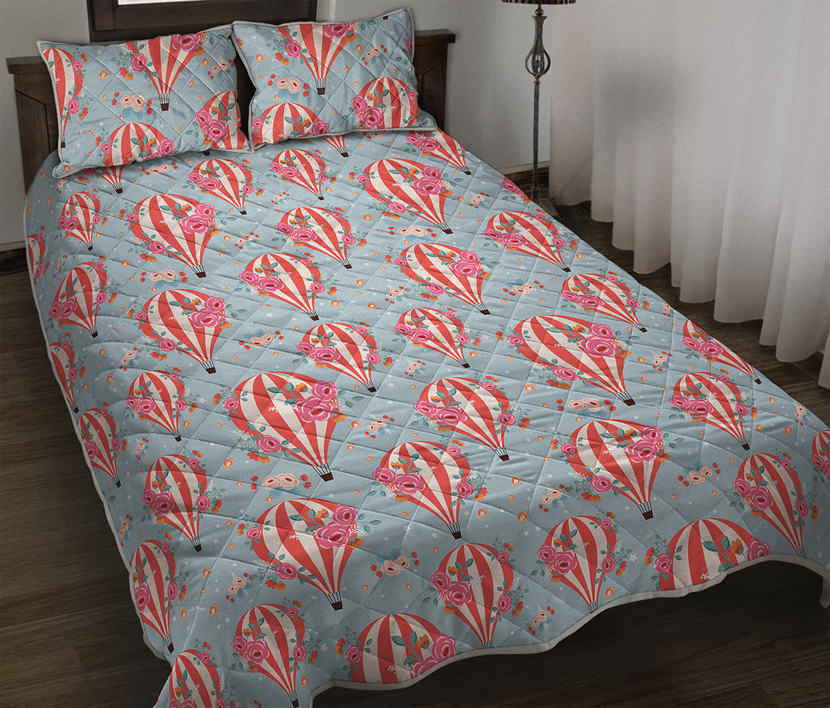 Floral Air Balloon Pattern Print Quilt Bed Set
