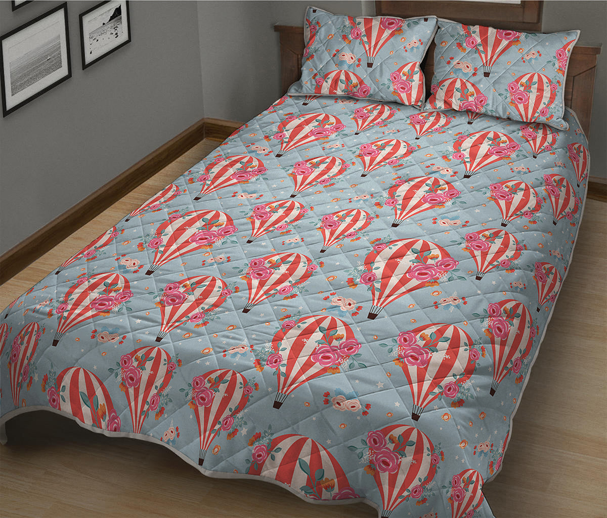 Floral Air Balloon Pattern Print Quilt Bed Set