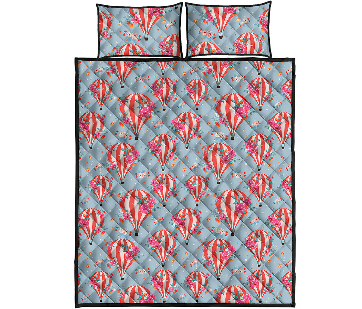 Floral Air Balloon Pattern Print Quilt Bed Set