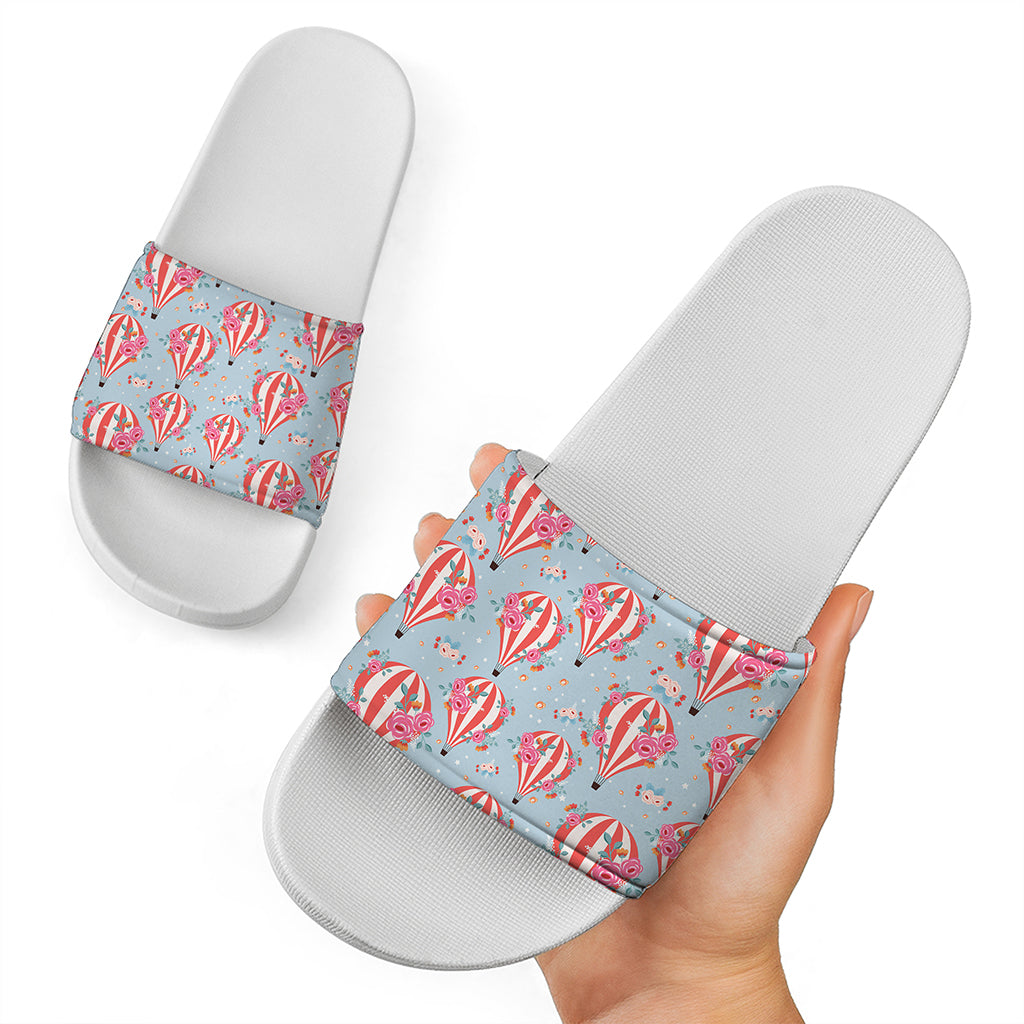 Floral Air Balloon Pattern Print White Slide Sandals