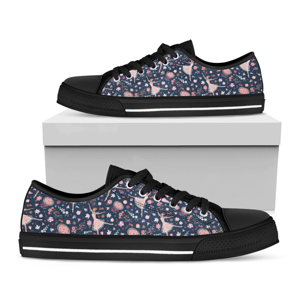 Floral Ballet Pattern Print Black Low Top Shoes