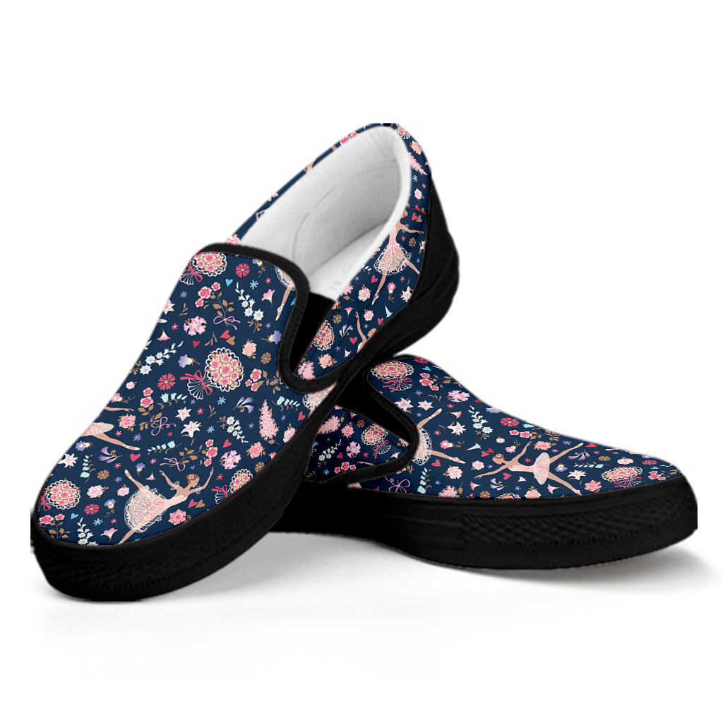 Floral Ballet Pattern Print Black Slip On Shoes