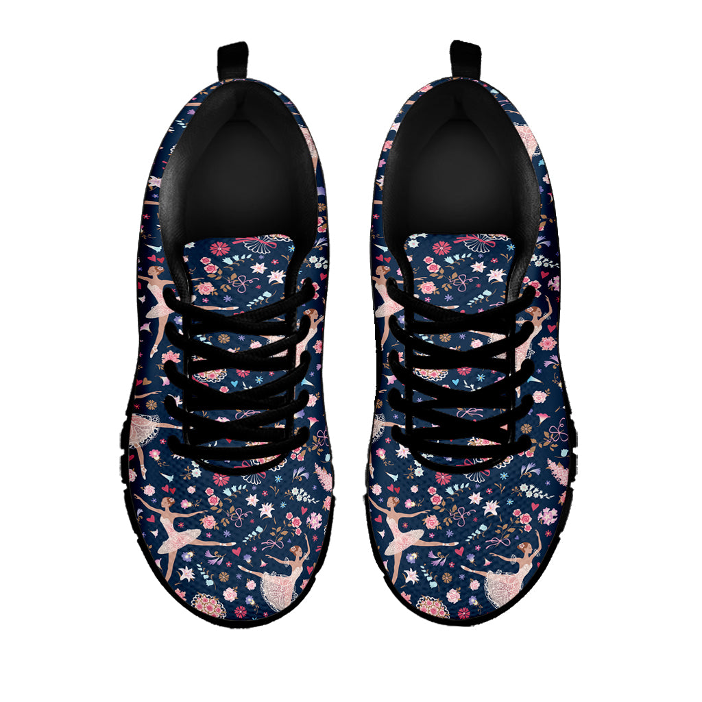 Floral Ballet Pattern Print Black Sneakers