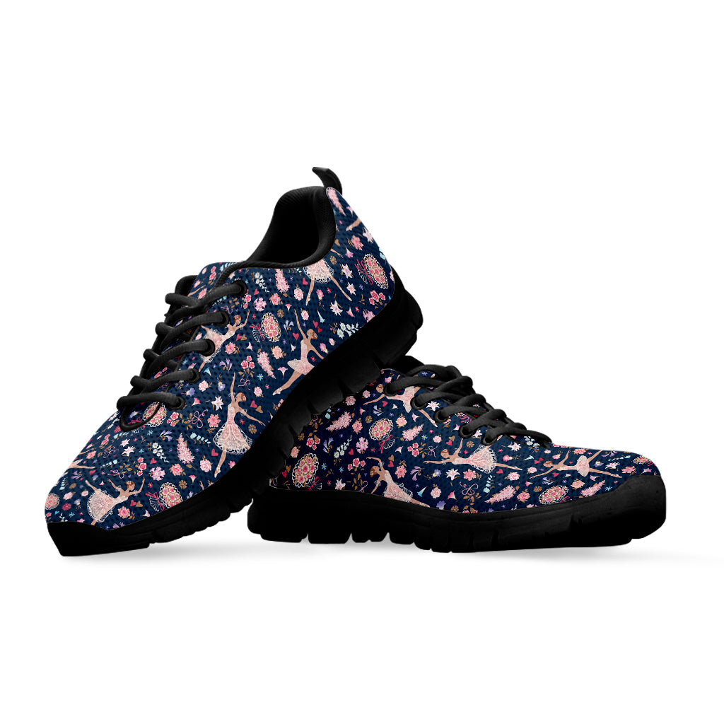 Floral Ballet Pattern Print Black Sneakers