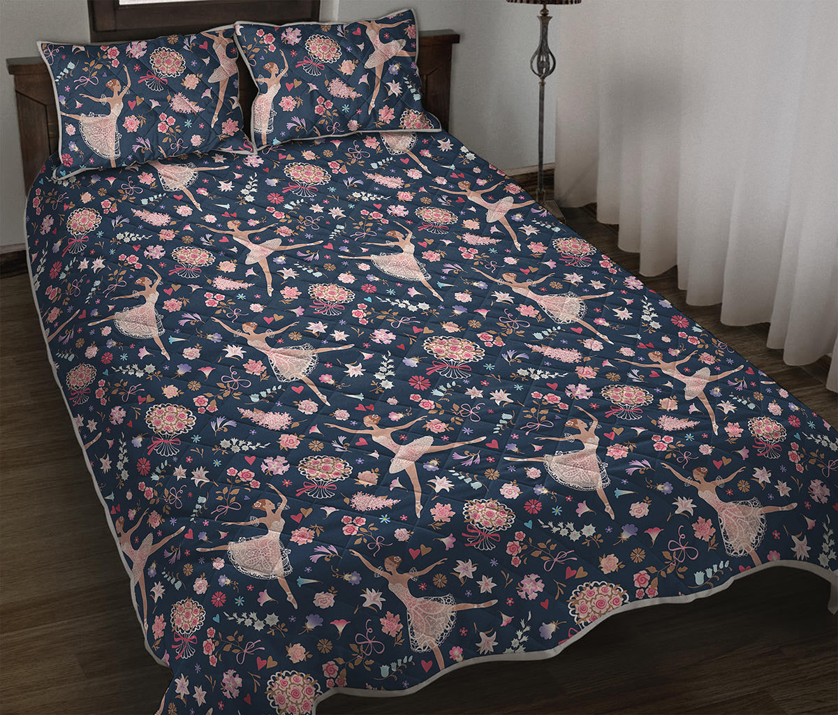 Floral Ballet Pattern Print Quilt Bed Set