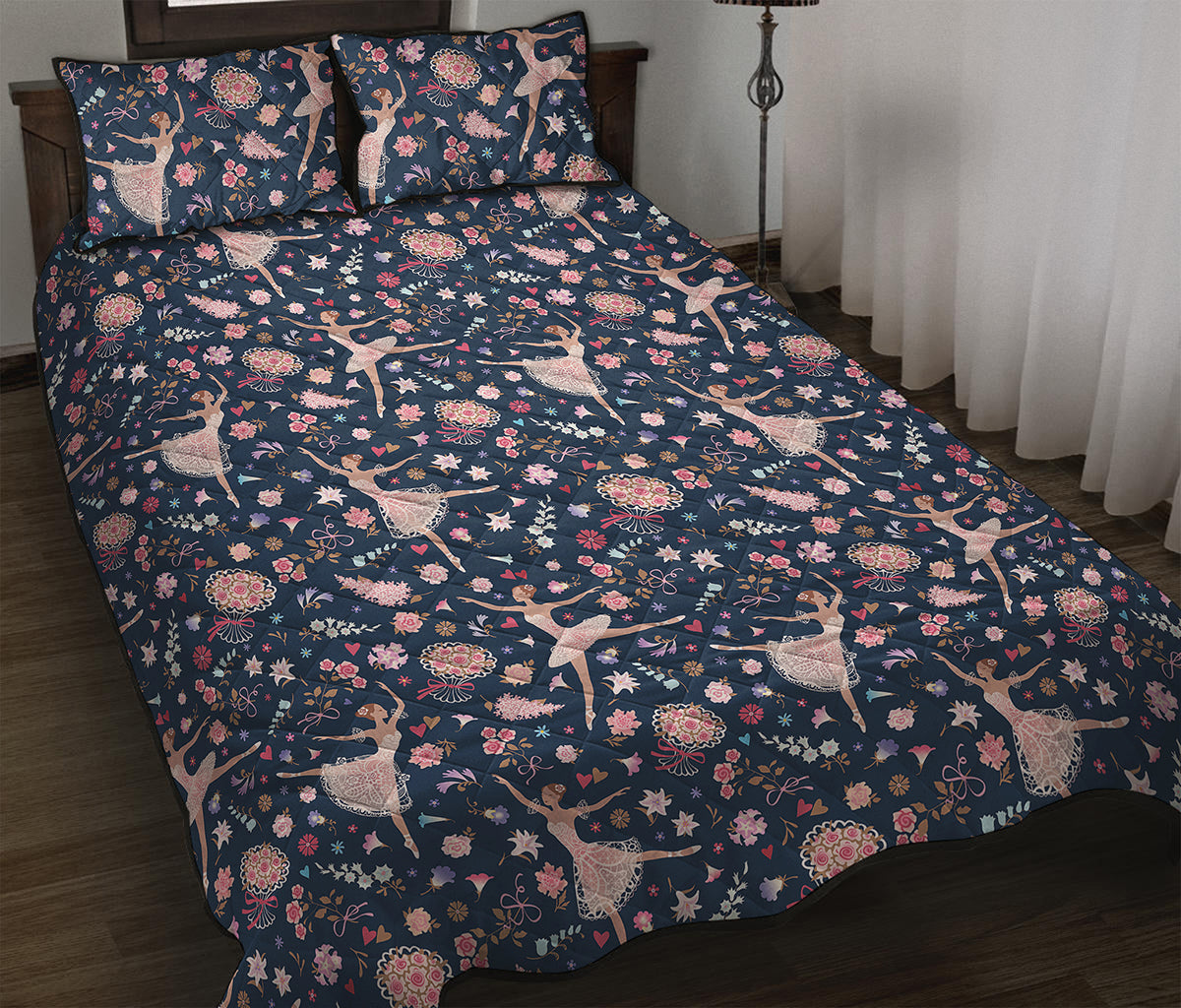 Floral Ballet Pattern Print Quilt Bed Set