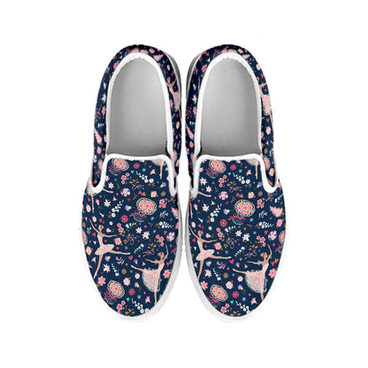 Floral Ballet Pattern Print White Slip On Shoes