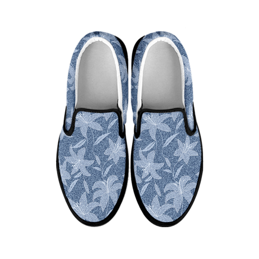 Floral Denim Jeans Pattern Print Black Slip On Shoes