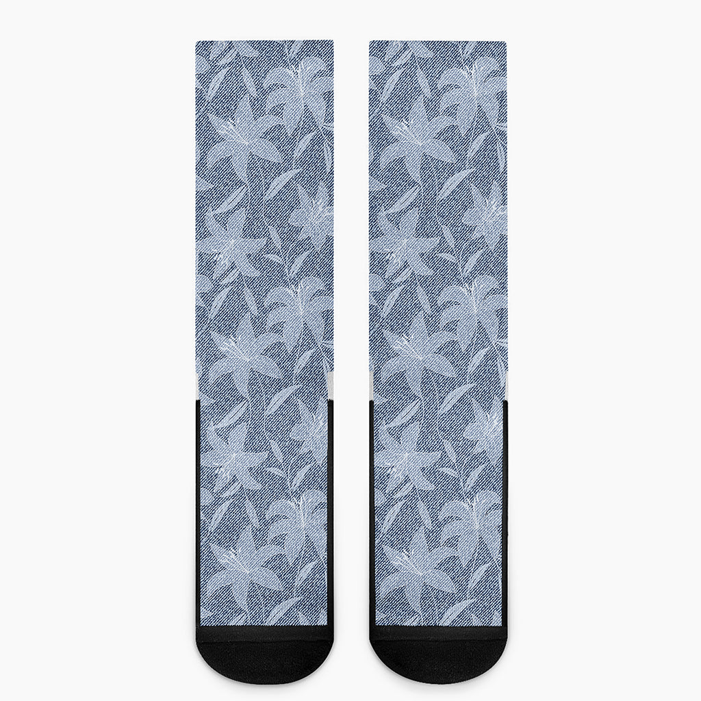 Floral Denim Jeans Pattern Print Crew Socks