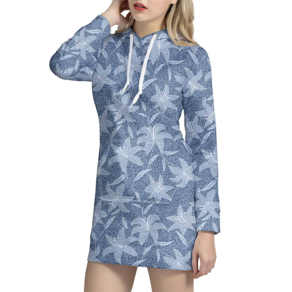 Floral Denim Jeans Pattern Print Hoodie Dress