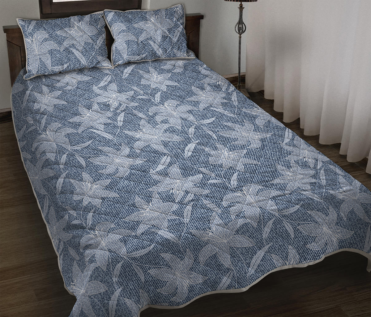 Floral Denim Jeans Pattern Print Quilt Bed Set