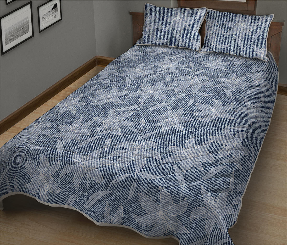 Floral Denim Jeans Pattern Print Quilt Bed Set